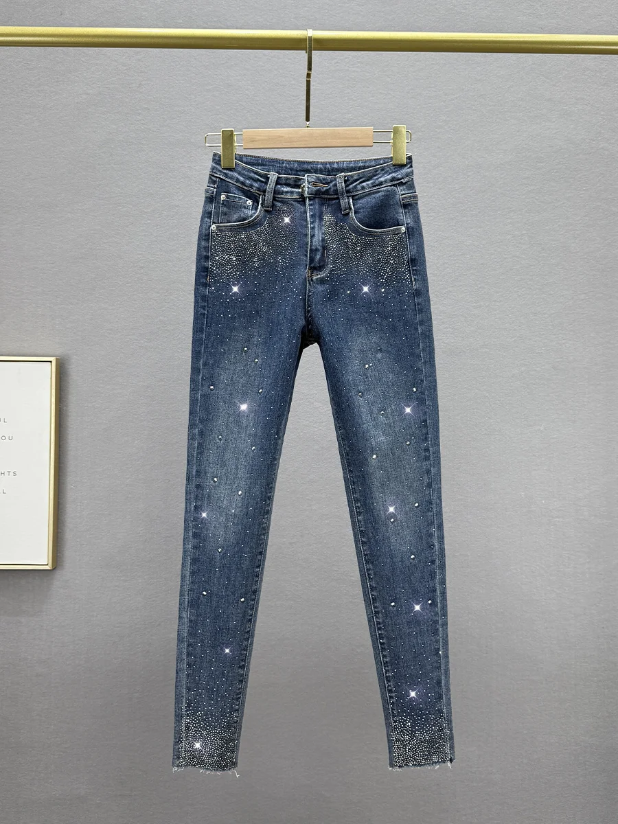 

Trendy Women's Denim Jeans Rhinestone Heavy Work Pencil Pants Elastic Slimming High Waist Cotton Stretch Spring Autumn