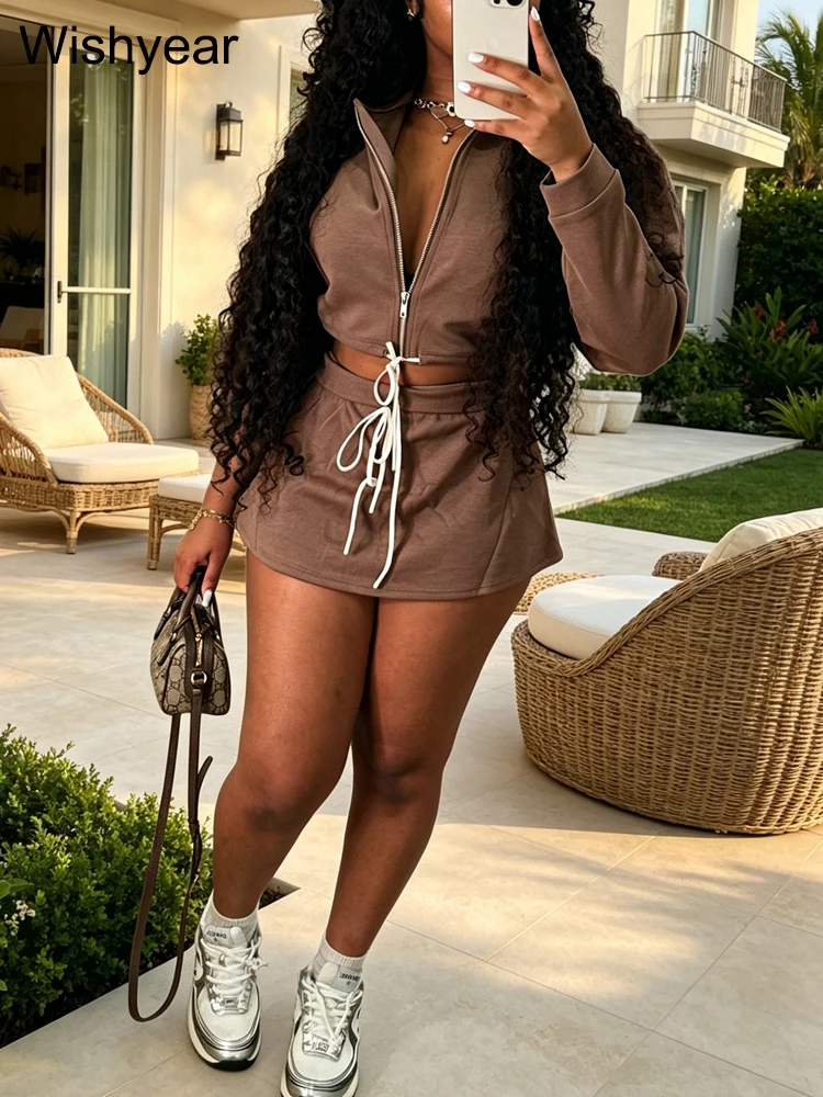 Women’s Long Sleeve Crop Top and Mini Skirt Set Y2K Fashion High Waist Drawstring Short Dress Suit for Club Night Out Daily Wear