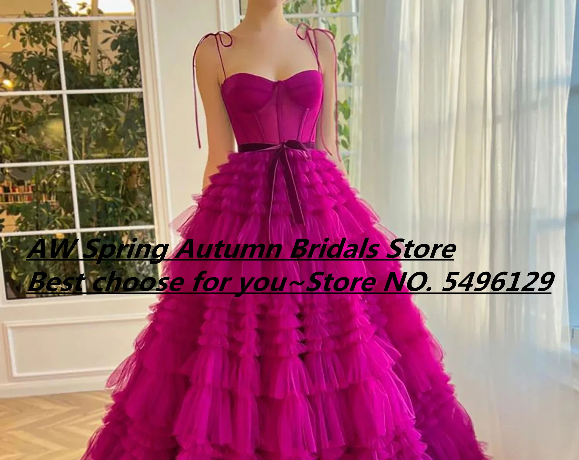 Sexy Fuchsia Prom Dresses Straps Sweetheart Floor Length Ruffled Skirt Tulle Prom Evening Gown Popular Birthday Party Dress