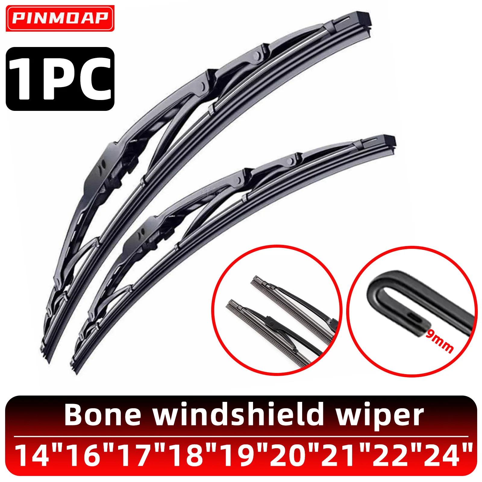 PINMOAP Universal U/J-Haken 9mm Auto-Scheibenwischer mit Eisenrahmen, geräuscharm, für Windschutzscheiben, 14-24 Zoll