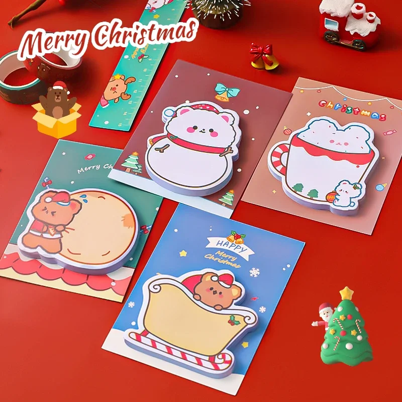 5Pcs/Lot Kawaii Cartoon Little Bear Christmas Post Sticky Notes Cute Bear Sled Snowmen Memo Pad School Office Pasted Notebook