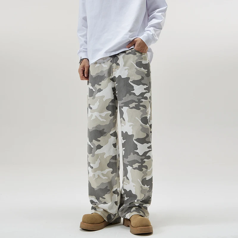 

2024 Autumn and Winter New American Style Hip Hop Gray White Camouflage Casual Jeans Men's Loose Straight Wide Leg Denim Pants