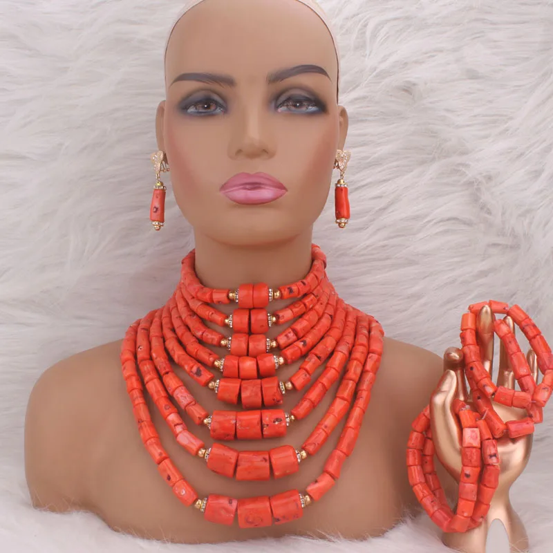 Dudo 8 Layers Real Coral Coral Beads Jewelry Set For African Nigerian Weddings 2024 With Earring and Bracelet