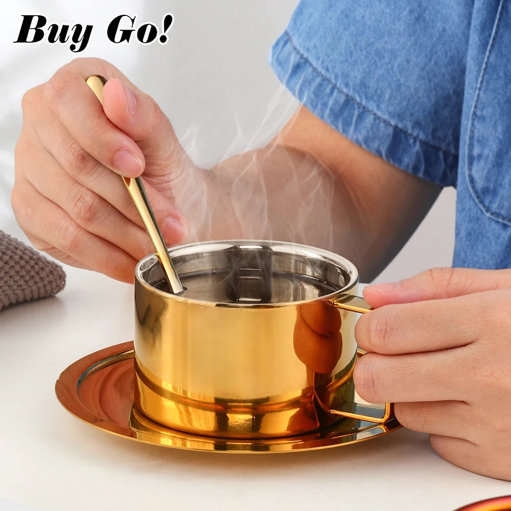 Creative Stainless Steel Coffee Mug Cafe Cups Tableware Double Wall Tea Cup With Saucer Spoon Simple Set for Home Kitchen Party