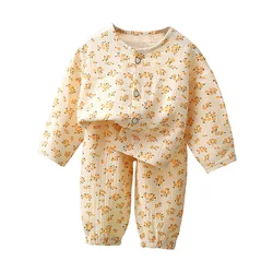 Boys Girls Suit Baby Muslin Cotton Clothes Sleepwear Outfit Children Long Sleeves Pajamas Set Tops+Pants Home Wear 2PC 0-10T