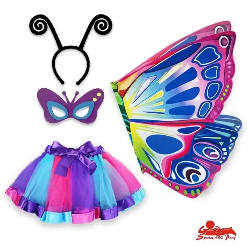 Ensemble de costumes de princesse papillon colorés pour enfants et filles, costumes de scène, bandeaux, jupes de lapin, 4 pièces