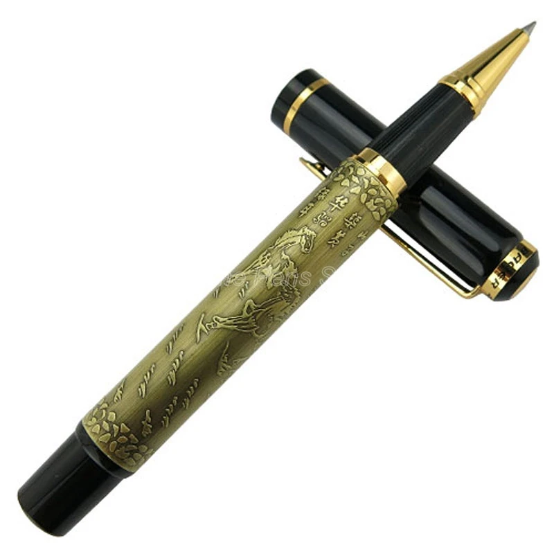 Baoer 507 Metal Bronze Ancient Eight Running Horses Roller Ball Pen Gold Trim Refillable Office School Writing Accessory