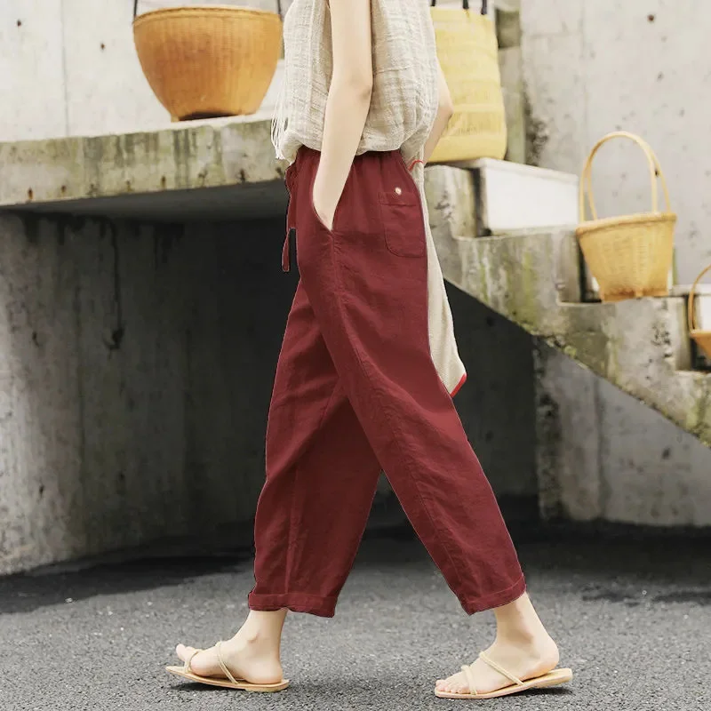 Nowe jesienne spodnie z bawełny i lnu w jednolitym kolorze z kieszeniami i sznurkiem, inspirowane stylem europejskim i amerykańskim.
