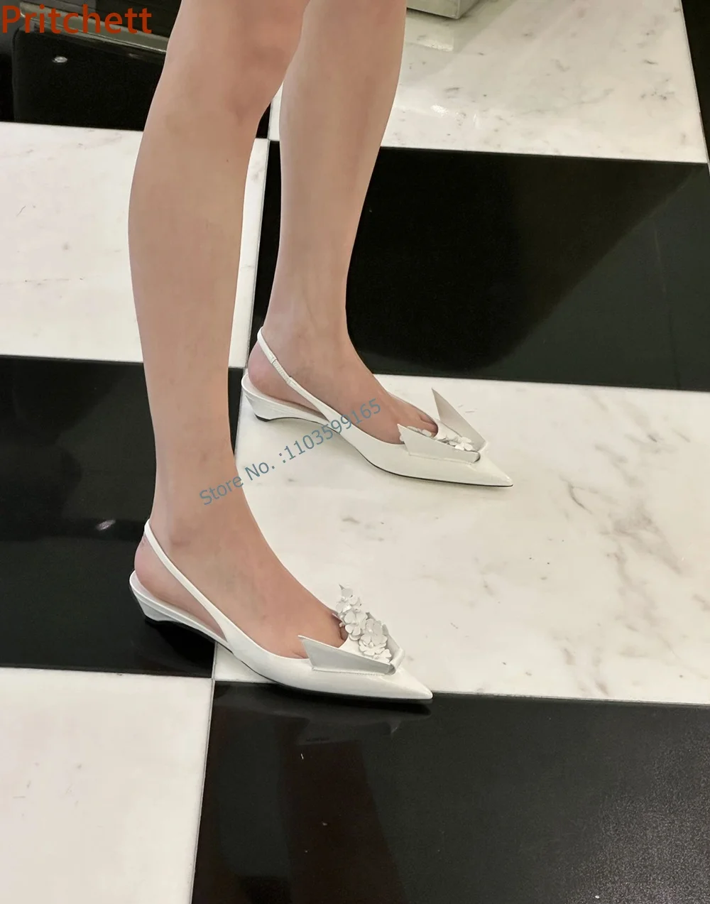 Origami Solid Flower Sandals Pointy Toe Spike Kitten Heel Slingback Slip On White Pumps Summer Elegant Concise Dress Shoes