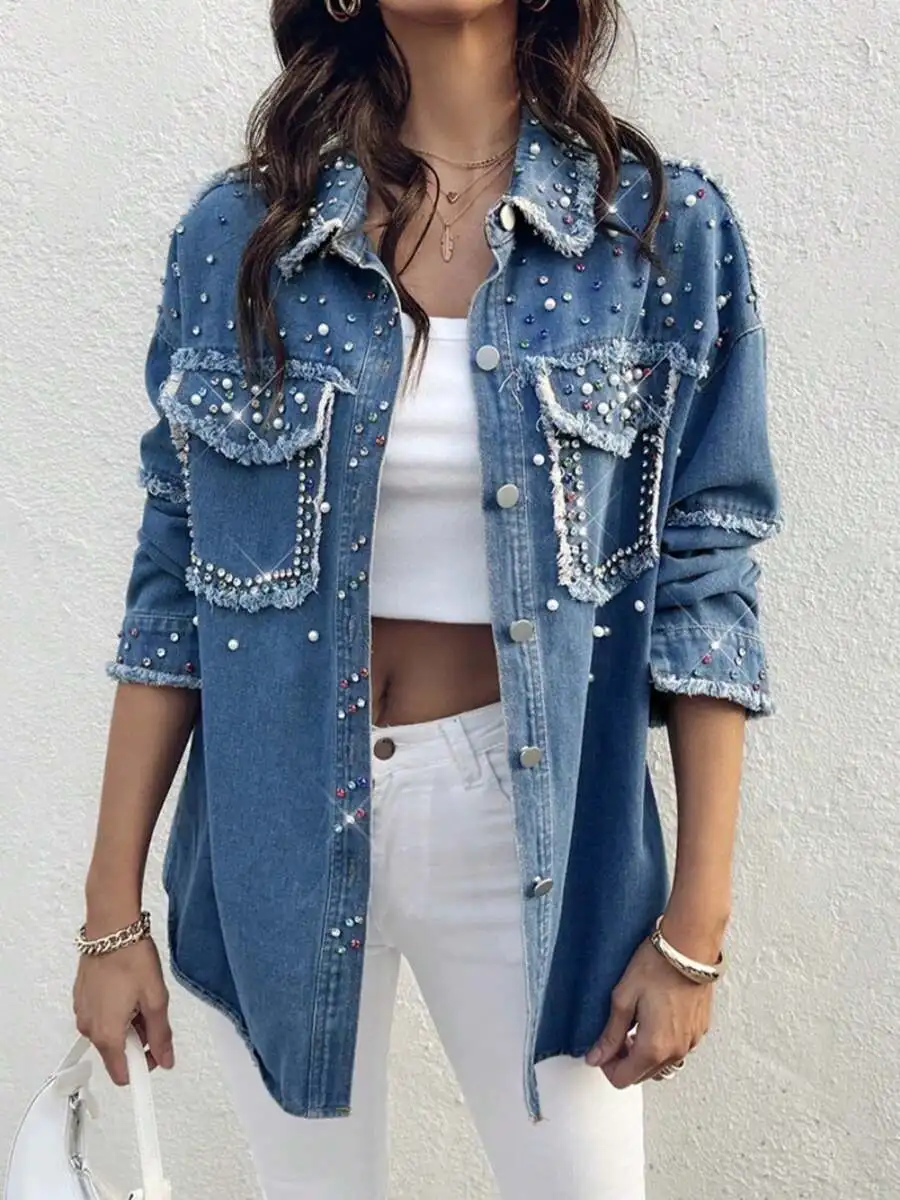 

Beaded Rhinestone Denim Jacket Women Light Blue Wash Frayed Pocket Streetwear