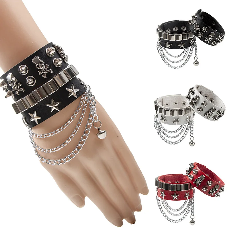 

Unique Punk Rock Men's Leather Rope Bracelet Pirate Skeleton Head Cool Bracelet PU Leather Rivet Chain Bracelet Harajuku Jewelry