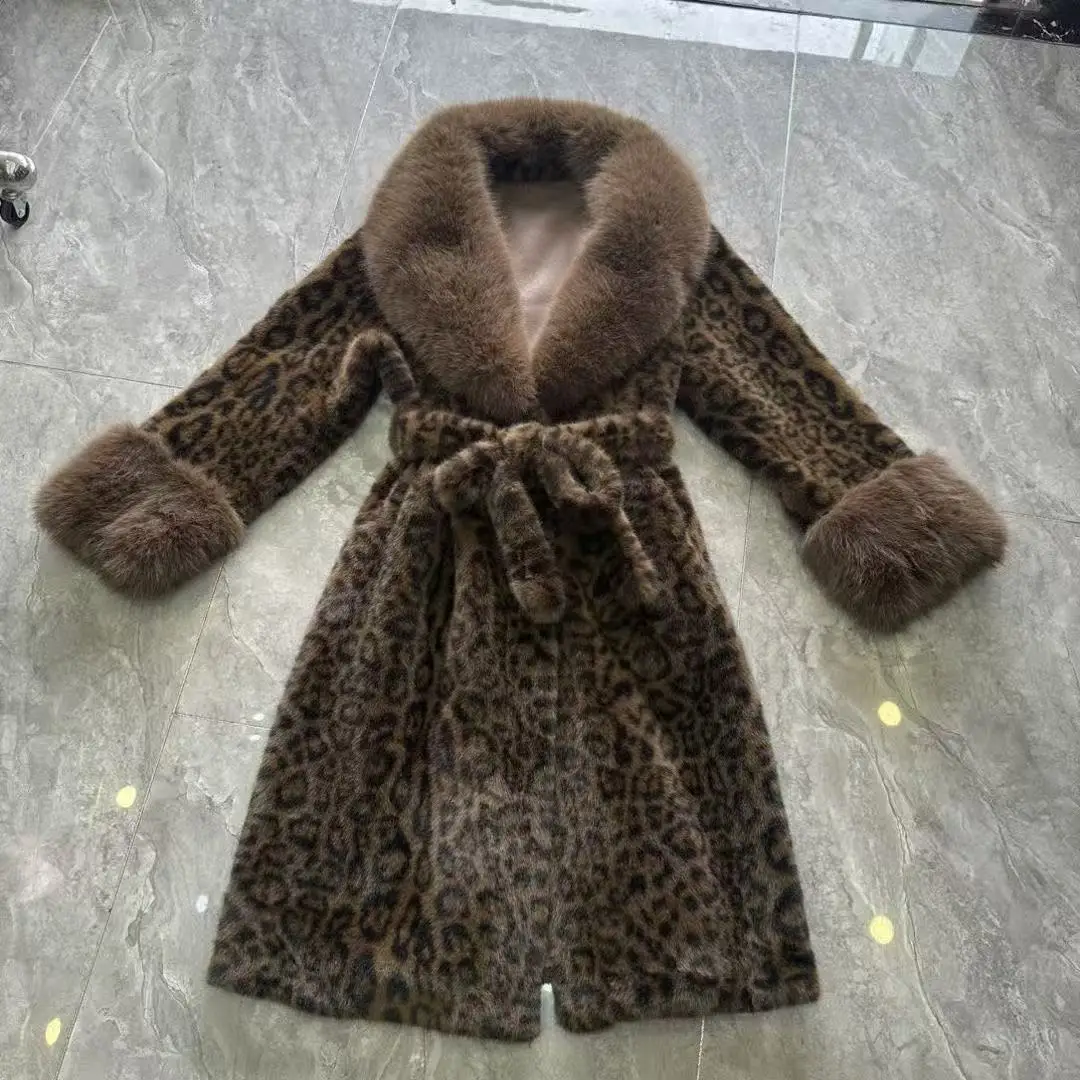 

Leather-like fur with leopard print, waterfallow fur, one-piece, extended style, fox fur, mink-like thick collar, slim and fashi