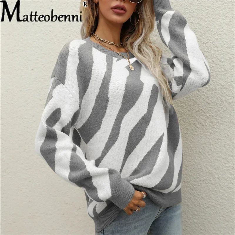 2024 Autumn Fashion Black Stripes Print Loose Knitting Sweaters Women Winter Hip-Hop Long Sleeve Pullovers Streetwear Outerwear