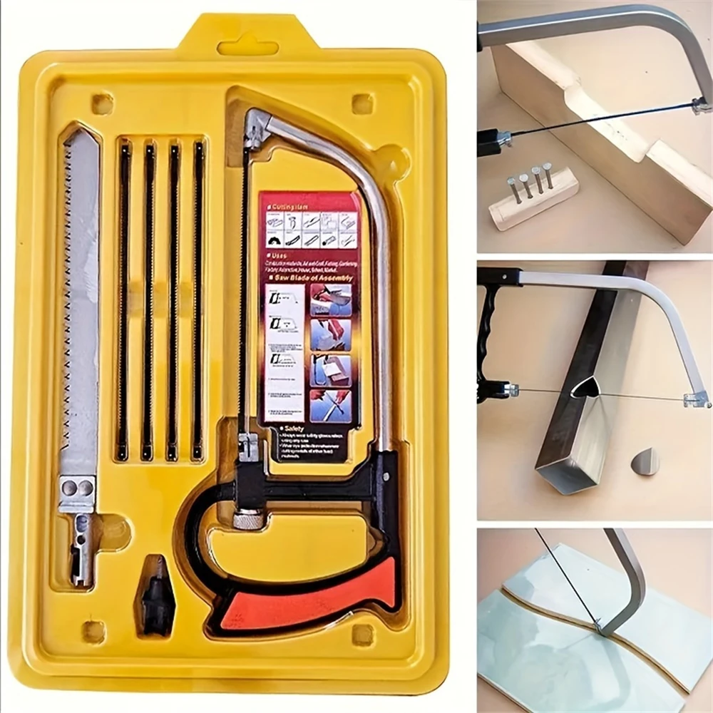 Juego de sierra para metales de 7 piezas, sierra manual para carpintería, con 6 hojas de sierra de acero, marco ajustable, herramientas manuales de bricolaje, para metal, madera, PVC, plástico y caucho
