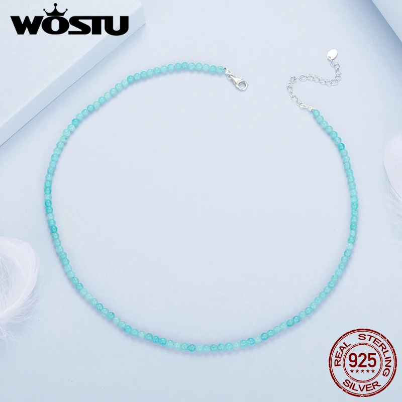 WOSTU 925 Sterling Silver Aquamarine Necklace With Amazonite For Women Girl Party Dating Daily Gift S925 Luxury Jewelry