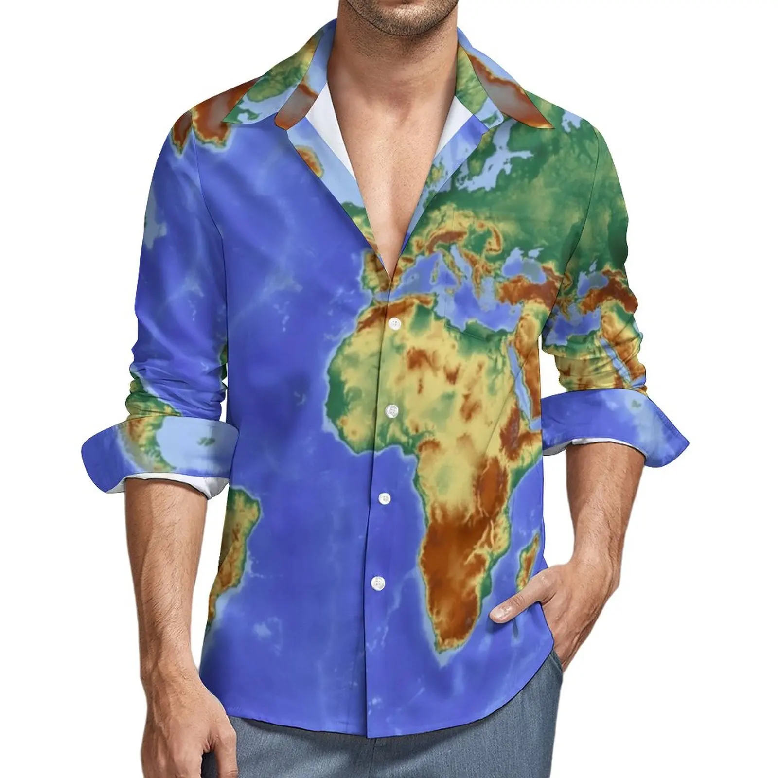 Fashion Earth Map Street Style Casual Shirt Men Vintage 3D World Map Print Shirt Autumn Vintage Blouses Long Sleeve Graphic Tops