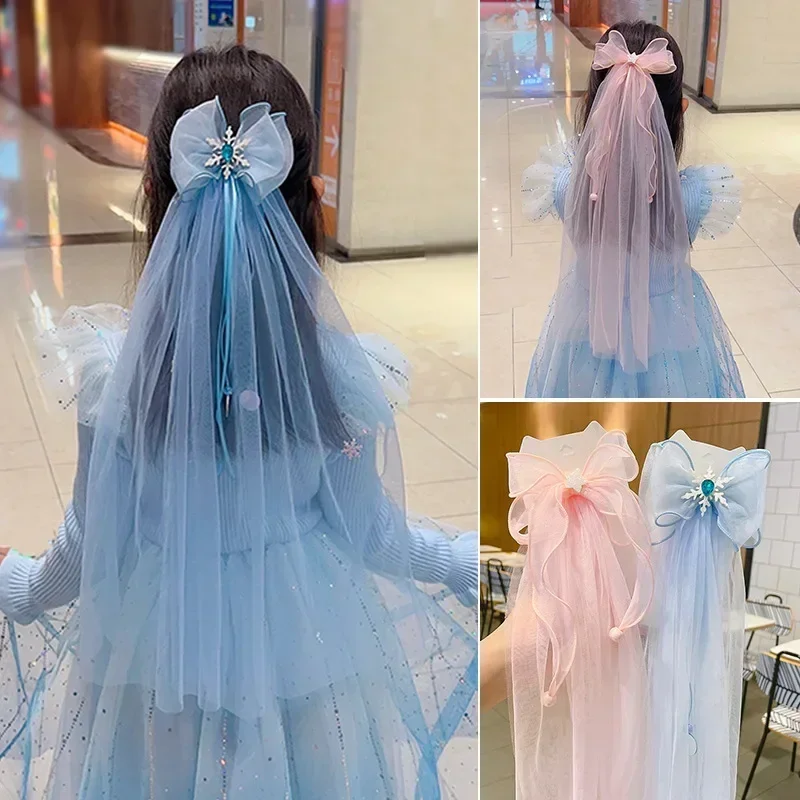 Épingle à cheveux princesse Elsa congelée pour enfants, épingle à cheveux ruban en maille, nœud fille, épingle à cheveux Piaosha, pompon Kawaii,