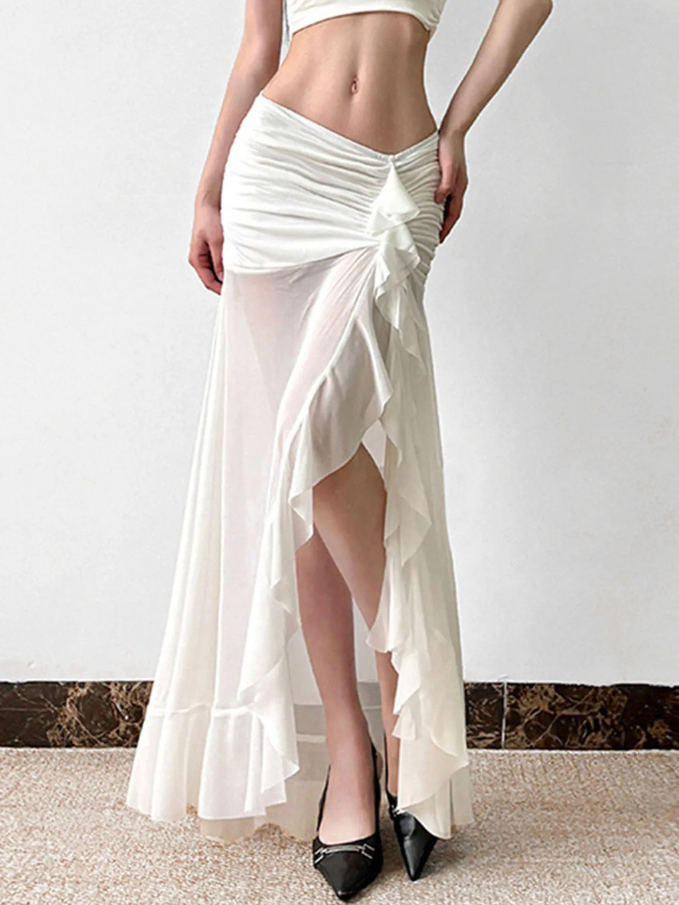 2026 Summer New French Elegant Drawn Half length Long Skirt with Lotus Leaf Lace, Split Perspective Mesh, Fish Tail Long Skirt