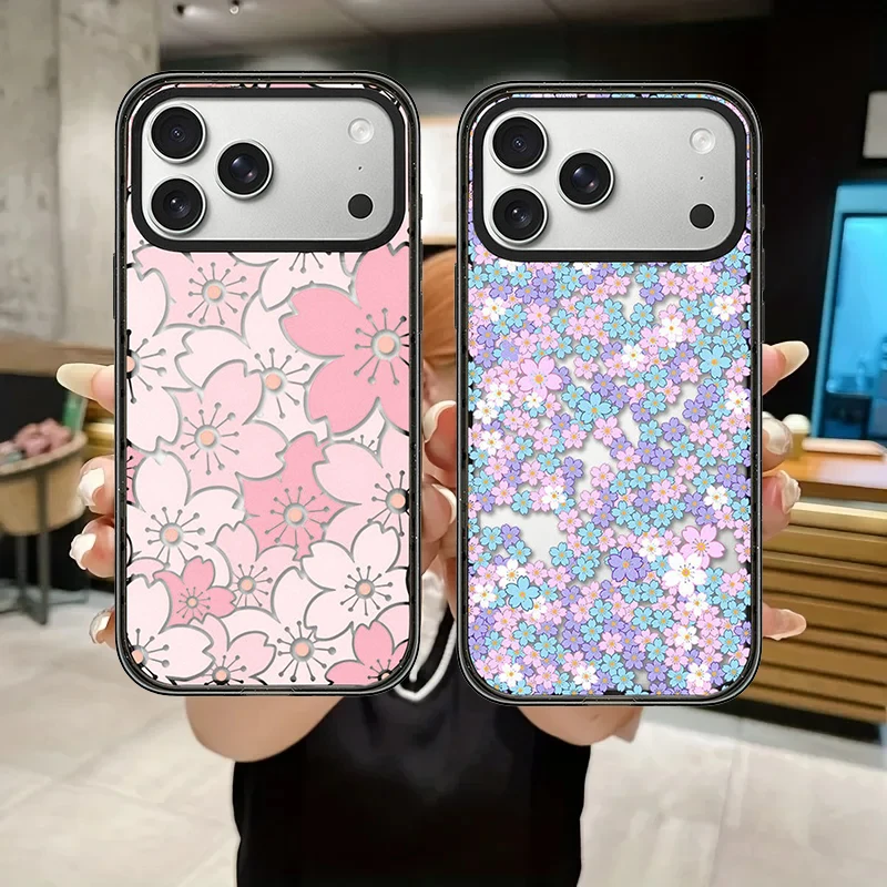 

Pink Purple Flower Cluster Impact Black Border Magnetic Cover for IPhone 12 13 14 15 16 17 Pro Max Case for IPhone 17 Air