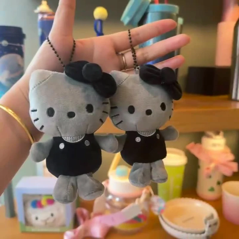 Sanrios – porte-clés en peluche gris charbon de bois Hellokittys, poupée suspendue, jouet pour sac à main, jouets de décoration, fourre-tout, accessoire cadeaux