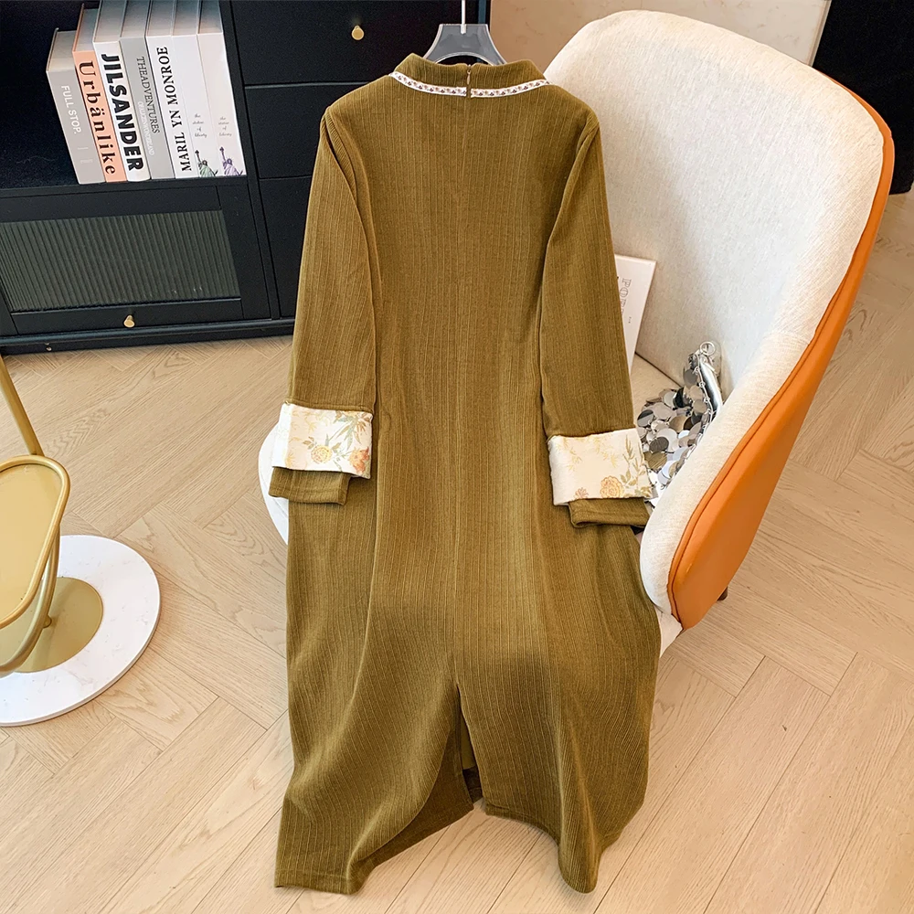 winter plus size women's green casual loose comfortable long-sleeved dress improved Chinese Qipao dress large 2024 new clothing