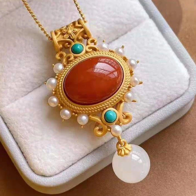 Natural South Red Agate  925 silver inlaid  pearl turquoise pendant necklace niche light luxury charm female brand jewelry set