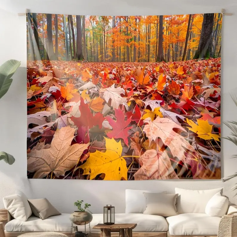 Autumn Leaves Forest Wall Tapestry Fall Season Nature Photo Realistic Outdoor Scene Decor