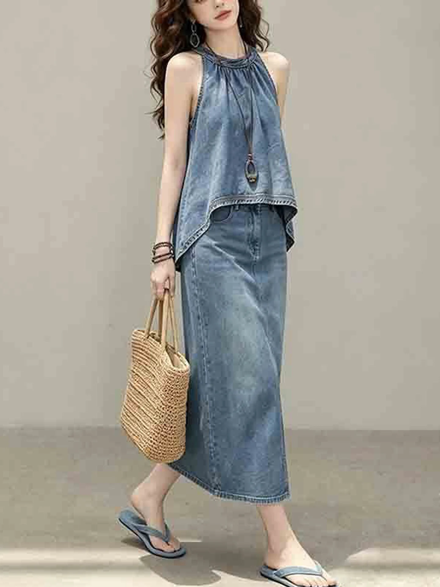 Korean Style High Waist Slimming Denim Halter Neck Shoulder Bared Retro Top Bottom Set Women's Autumn New Fashion Skirt