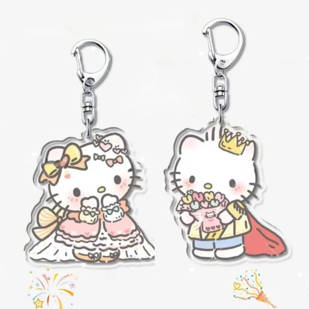 2PCS Hello Kitty Prinses Prins Koppels Anime Figuren Acryl Sleutelhanger Leuke Cartoon Paar Kuromi Baku Sleutelhanger Hanger Geschenken