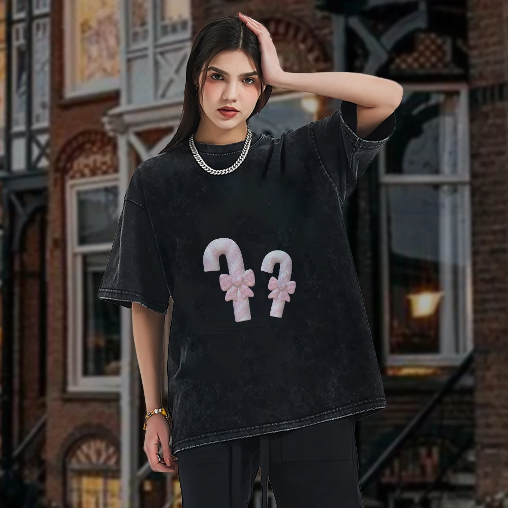 

Graphic Tees Pink Candy Cane Tee Premium Cotton, High - Quality Oversize Green Tee. Pink Candy Canes & Bows, Sweet Y2K Style