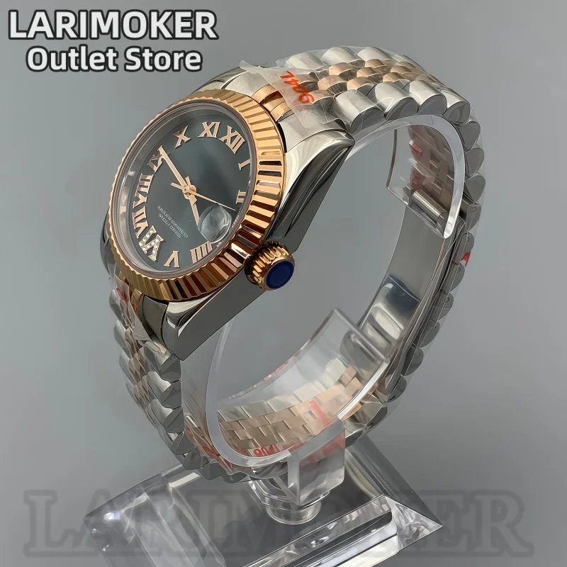 LARIMOKER 31mm Women's Rose Gold NH15 Mechanical Watch Roman Numeral Gear Bezel Green and Brown Dial Sapphire Steel Dive Watch