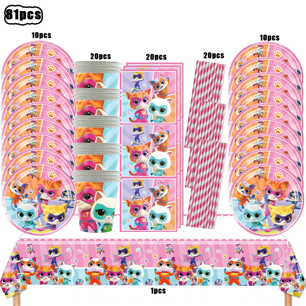 Superkitties Happy Birthday Party Decor Paw Meow Cat Super Kitties Geschirr Tischdecke Teller Tasse Geschenkset Kinderparty-Spielzeug