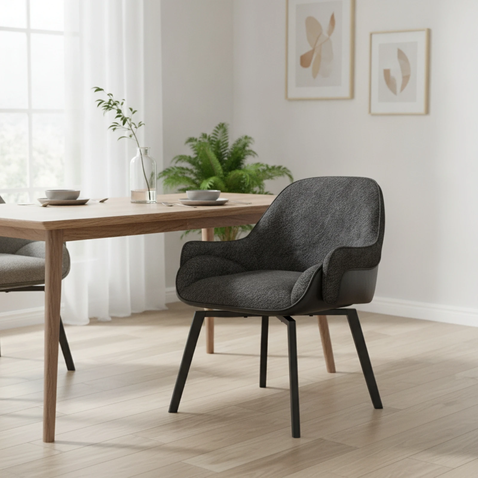 Swivel Dining Chair Curved Enveloping Back Upholstered Chair with Steel Legs Textile Sturdy for Home Office, Reading Corner