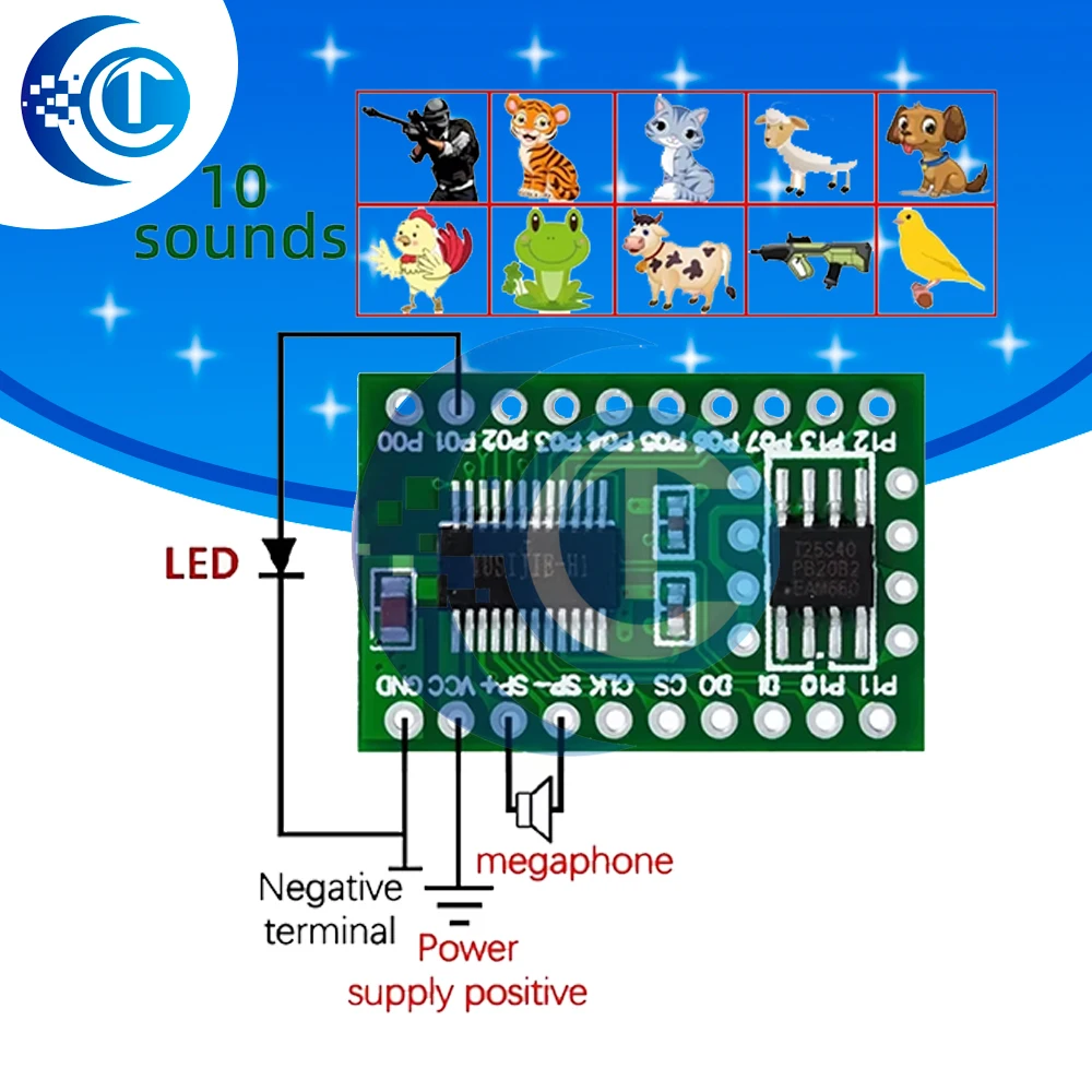 Dog cat cow bird frog tiger various animals call 10 kinds of gun sounds eating chicken explosion sound integrated IC module