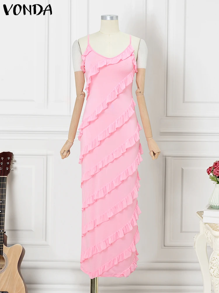2025 Abito estivo Donna Sexy scollo a V senza maniche Party Vestito estivo Moda cinturino in tinta unita Abiti da sera Casual Robe Femme VONDA
