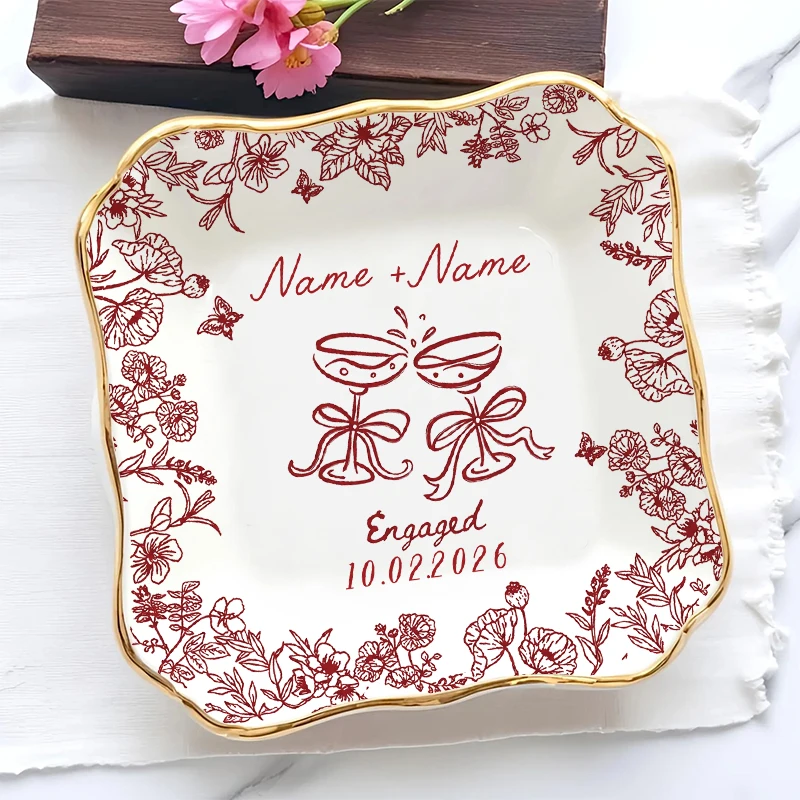 

Personalized Name Jewelry Trinket Toile De Jouy Cup Pattern Dish Plate Gift for Couple Wedding Bride Engagement Gift for Women