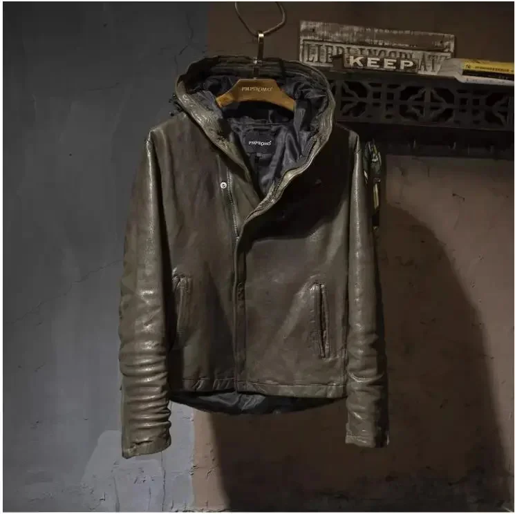 LNY!Wholesales.Men luxury tanned sheepskin jacket.Brown Fashion cool genuine leather coat.Vintage style real hoody