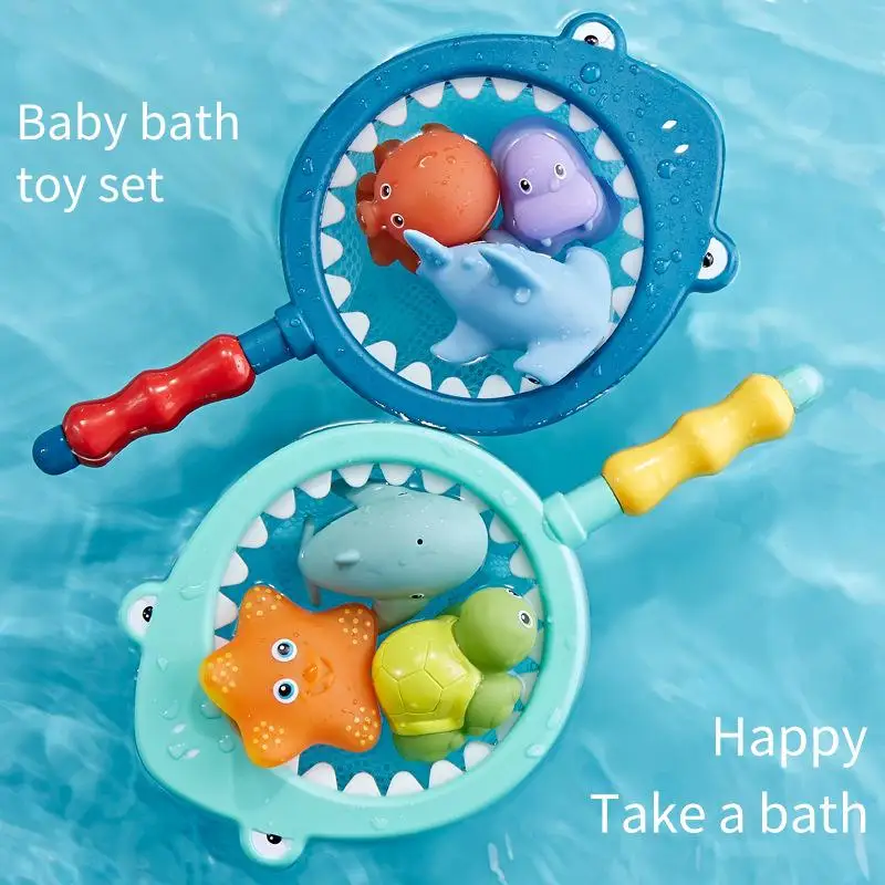 

1set 28*14.5*2.5cm Baby Bath Toy Turtle Water Sprayer Fish Net Shark Children Animal Squeeze Play Floating Water Toy Blue