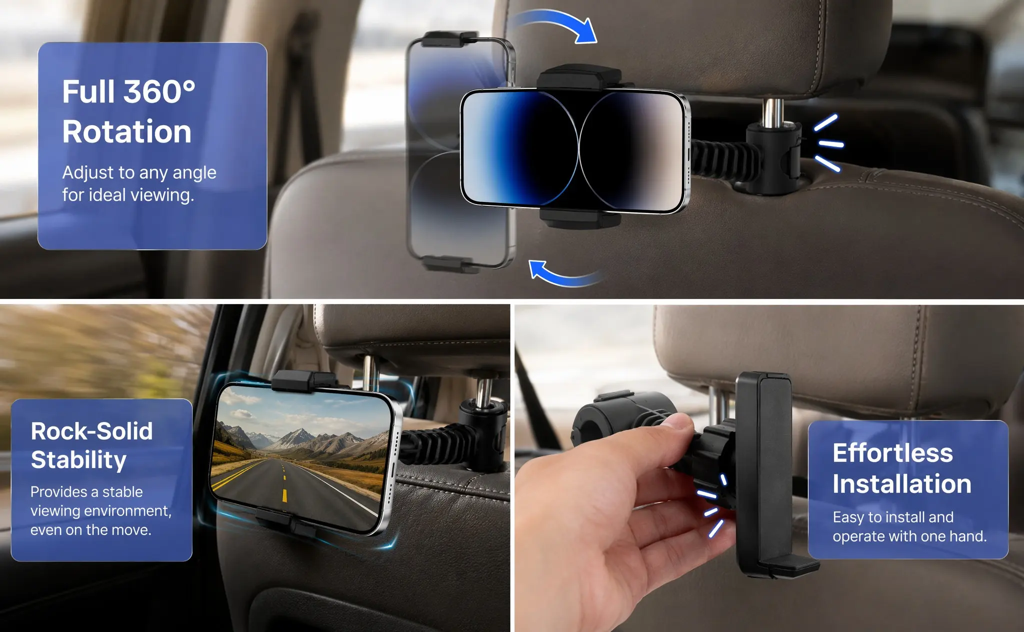 Car Mobile Phone Holder Rotatable Multi-Functional Back Seats Cellphone Holder Stable Universal Car Phone Mount Adjustable Angle