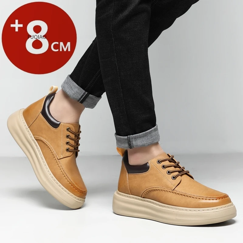 Genuine Leather Men's Elevator Shoes Height Increase Insoles 3/6/8CM Breathable Thick Sole Platform Casual Sneakers Work Shoes