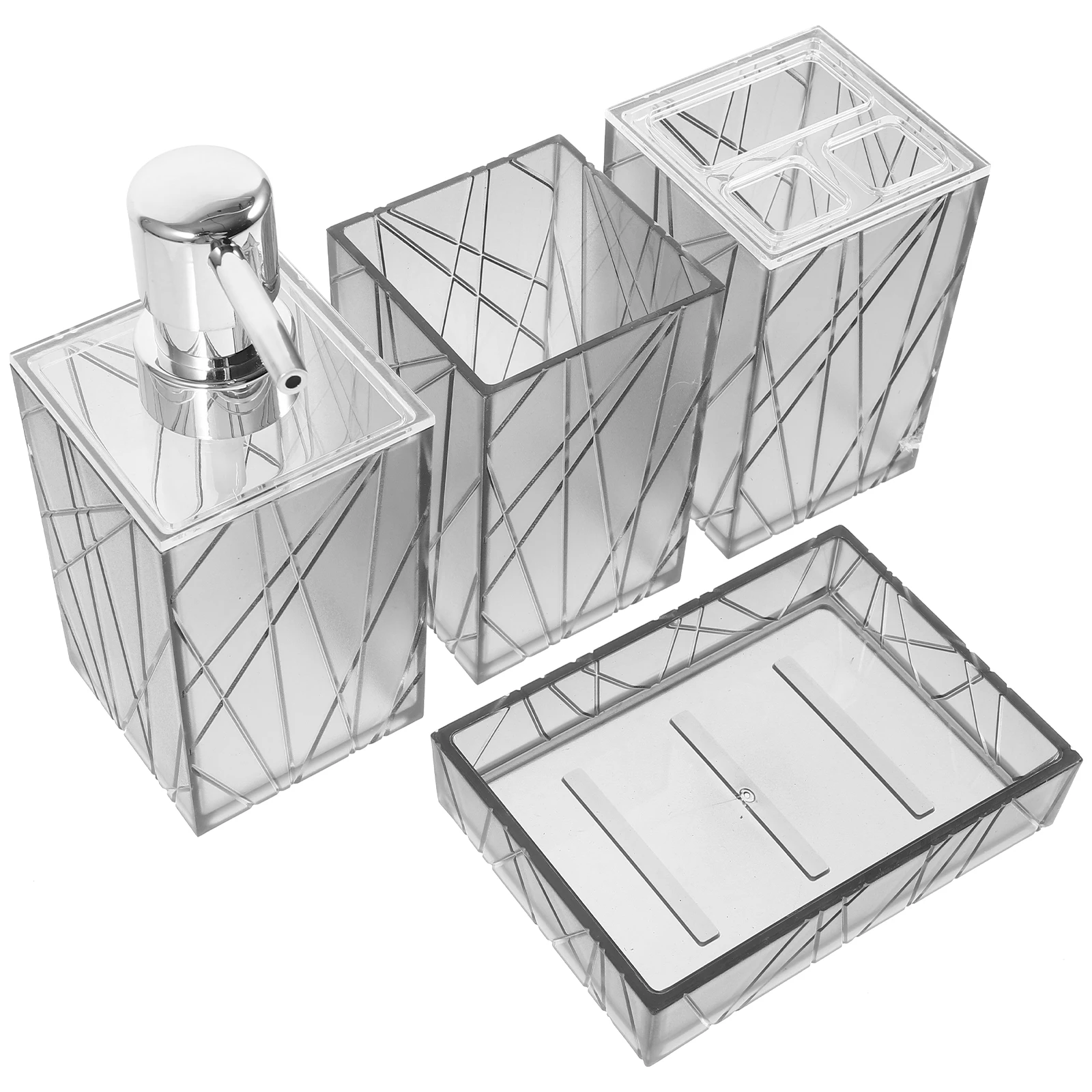 

1 set Bathroom Accessory Set -4 Transparent Gray Soap Dispenser Toothbrush Holder Cup Dish Plastic Elegant