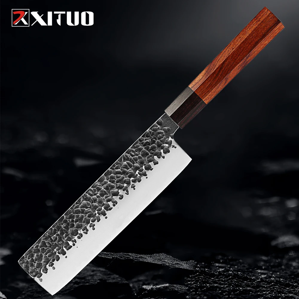 7 Inch Nakiri Knife, High Carbon Stainless Steel Japanese Chef Knife, Meat Vegetable Sharp Kitchen Knife with Octagonal Handle