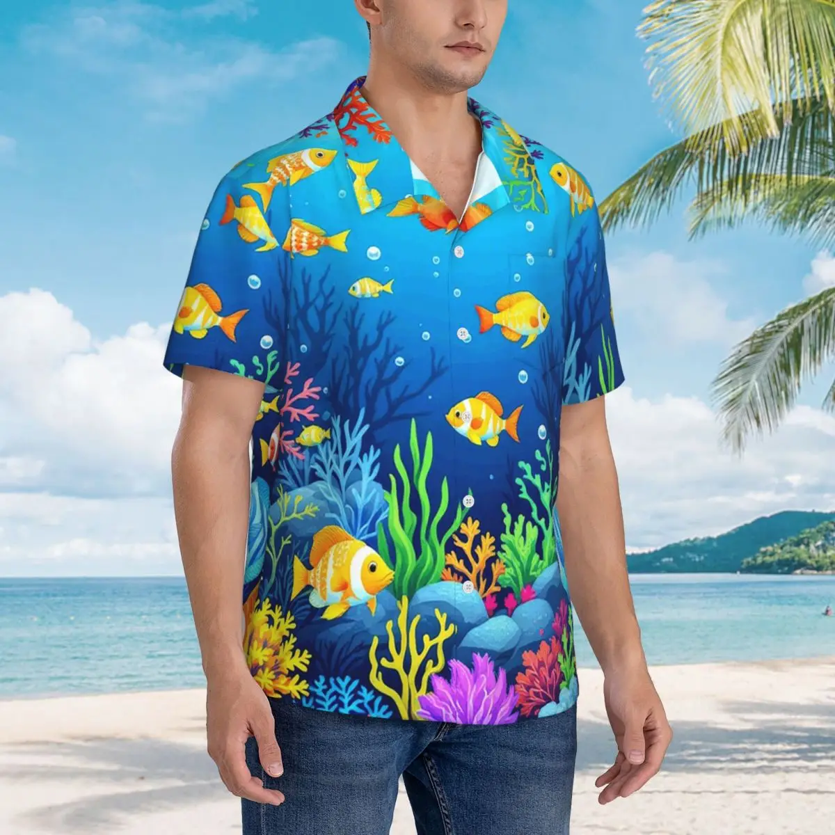 

Underwater Coral Reef Fish Hawaiian Shirts Casual Men Short Sleeve Shirt for Summer Beach Men's Button Tops