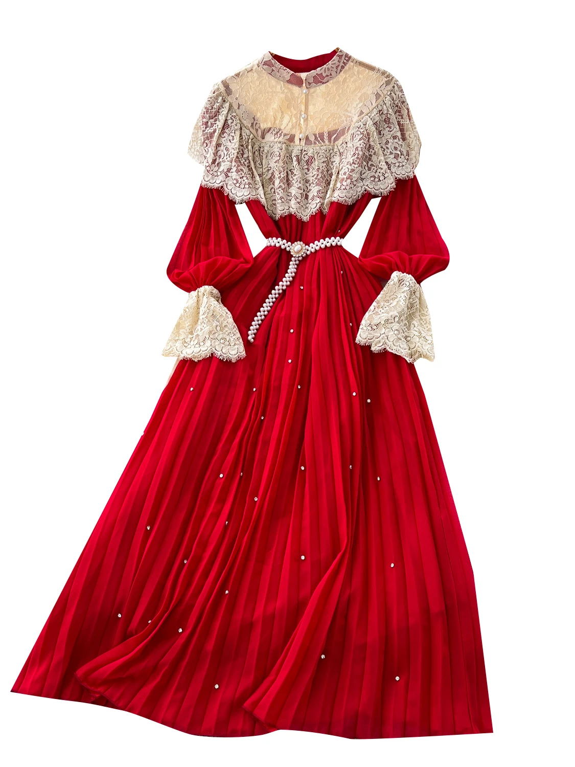 Vestido E com Mangas Lanternas para Mulheres, Vestido Longo de Verão em Renda com Design de Barra em Camadas, Cintura ...