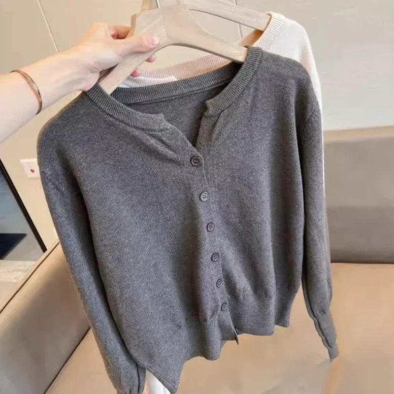 Elegant Solid Button Sweaters Version V-neck Casual Fashion Versatile Short Soft And Sticky Knit Cardigan Jacket Top