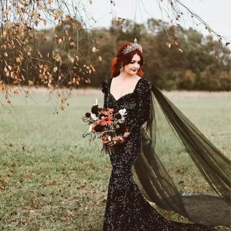 أسود الزفاف كيب طويل الزفاف كيب الأزهار كاتدرائية الحجاب بريق الكتف الحجاب فستان الزفاف الأسود تول أسود #2