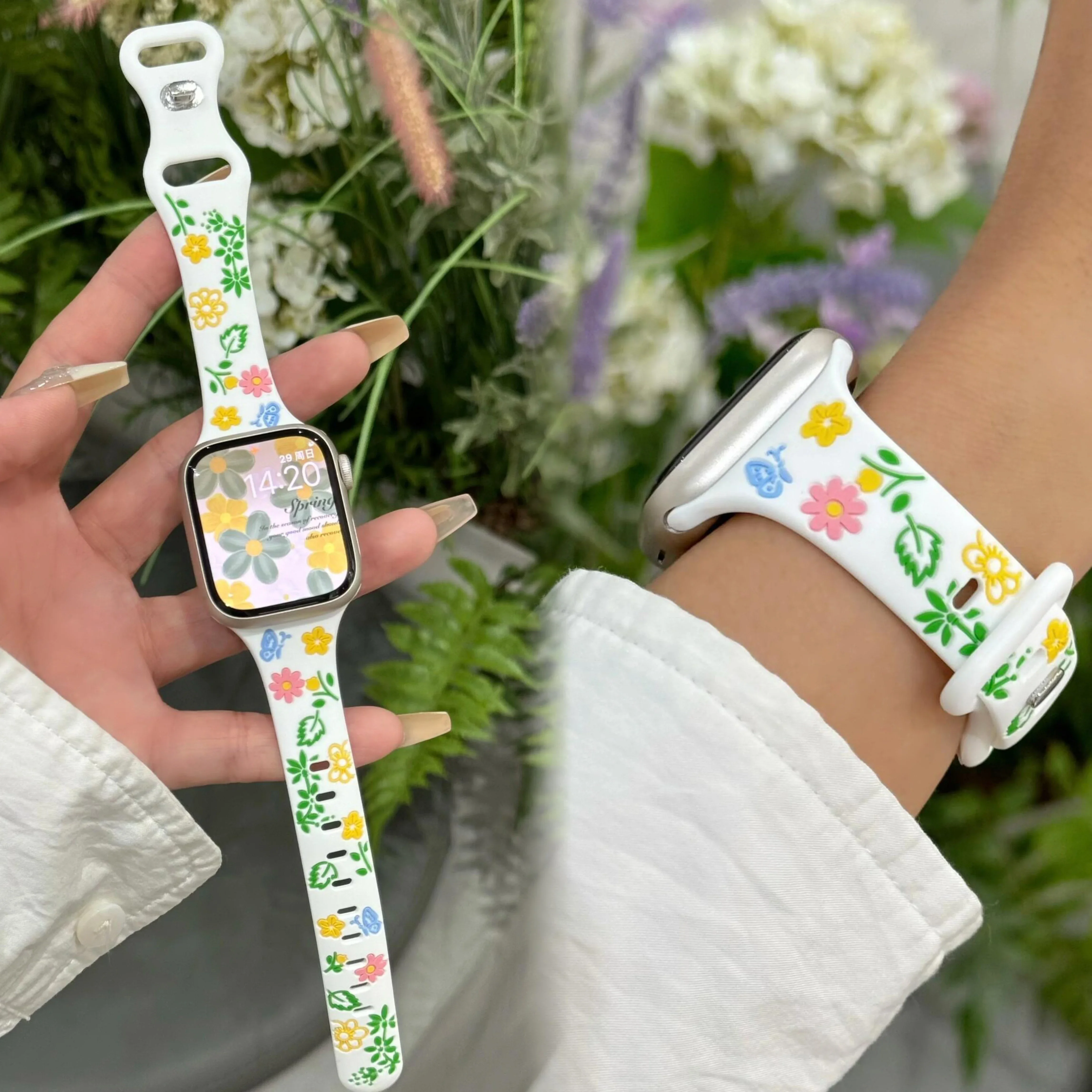 Модный силиконовый ремешок с цветком для Apple Watch, женский ремешок серии 10/9/8/7/6/5/4, 38 мм, 40 мм, 41 мм, 42 мм, 44 мм, 45 мм, 46 мм, 49 мм