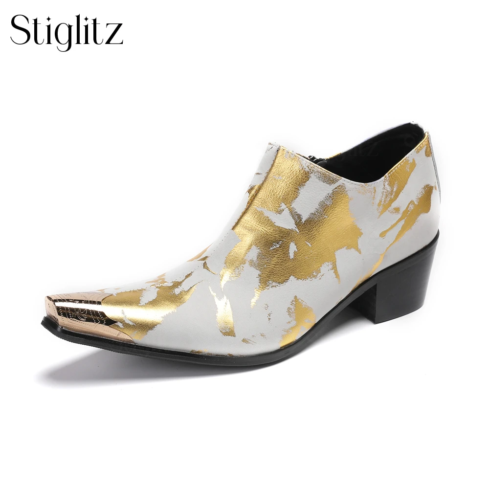 Gold Painted Zipper Metal Tip Shoes Novelty Leather High Heels for Men Designer Style Pointed Toe Men Shoes Banquet Dress Shoes