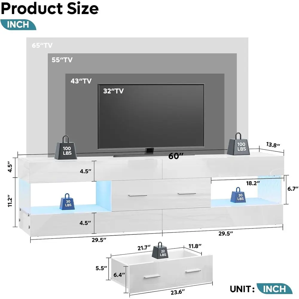 65 Inch White ern TV Stand, LED Entertainment Center ole | its up to 65 in TV, High Gloss White with Stone , Large Storage Der &