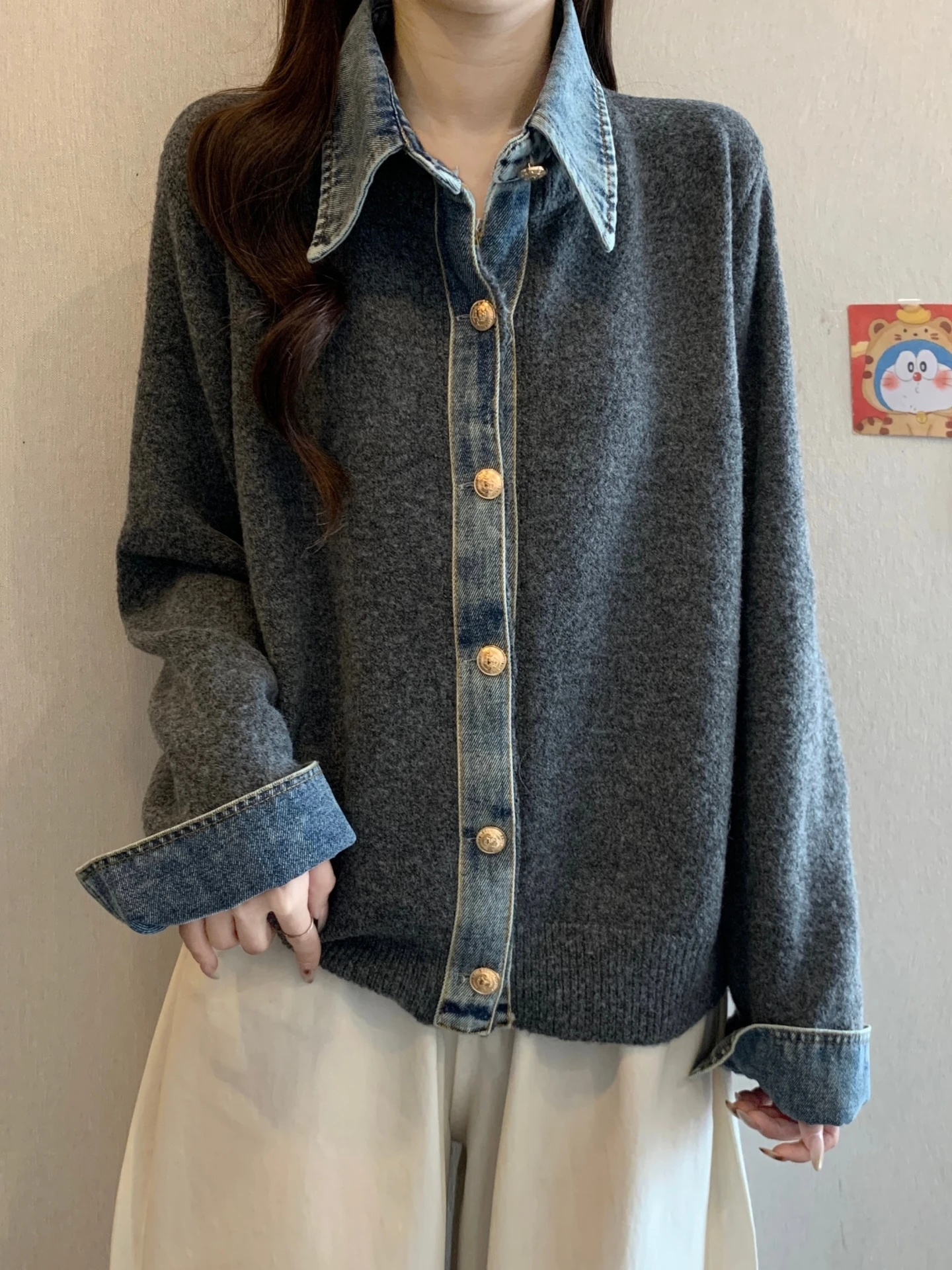 

Slimming Design Large Size Denim Patchwork Knitted Cardigan Sweater Women Spring Autumn Stylish Top Luxury Soft Comfortable
